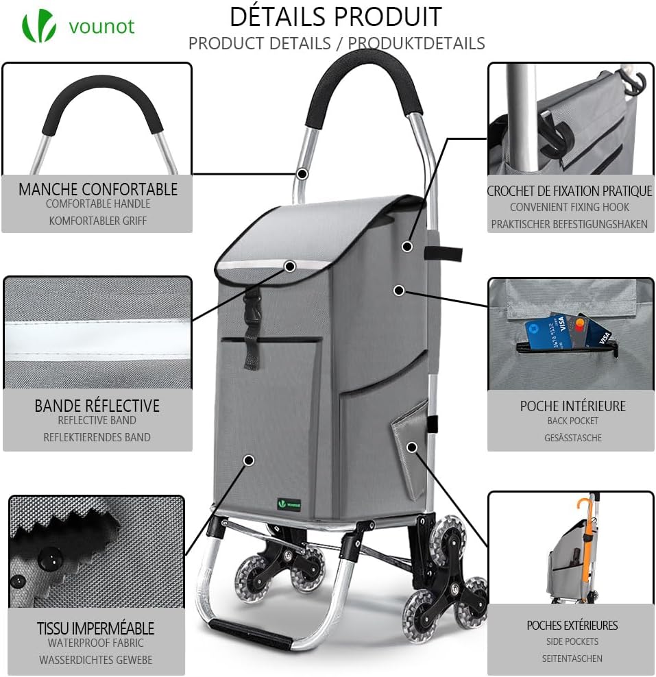 VOUNOT® Aluminium Einkaufstrolley Treppensteiger, 3 in 1 Trolly Einkaufswagen Klappbar, Hackenporsch