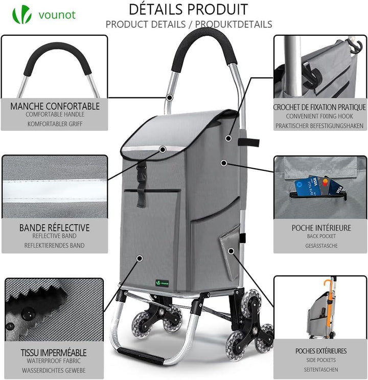 VOUNOT® Aluminium Einkaufstrolley Treppensteiger, 3 in 1 Trolly Einkaufswagen Klappbar, Hackenporsch