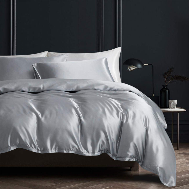 Damier Bettwäsche 220x240cm Grau Glänzend Einfarbig Bettwäsche Set 3 Teilig Hochwertiges Satin Decke