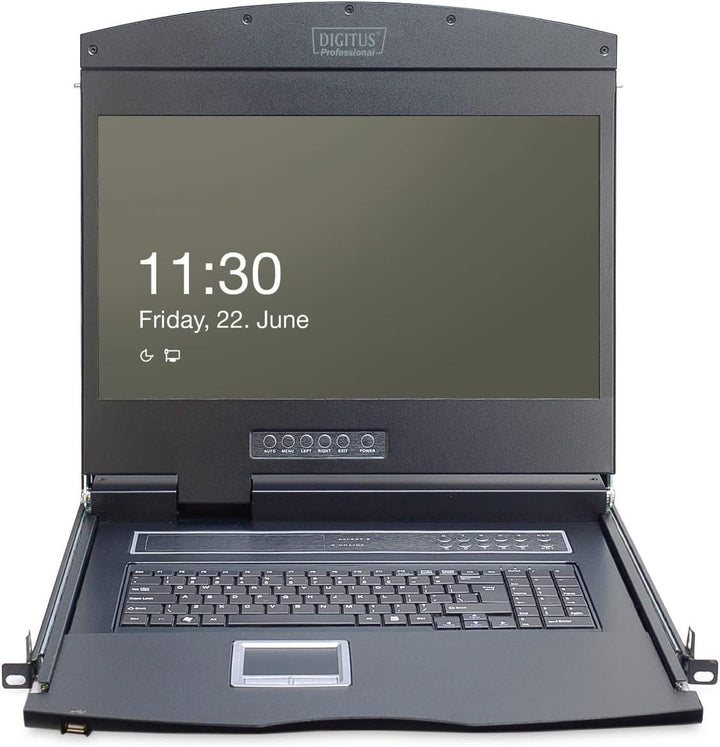 DIGITUS 19" KVM Konsole mit 19" TFT Display (16:9), DE-Tastatur-Layout, KVM Switch mit 8 VGA Ports,