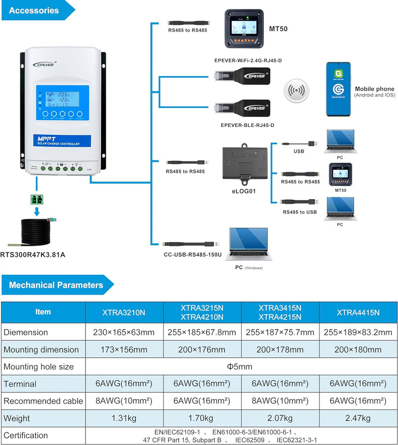 EPEVER MPPT XTRA-N XTRA4210N SolarLaderegler charge controller, Ladestrom 40A, 12/24VDC auto work, P