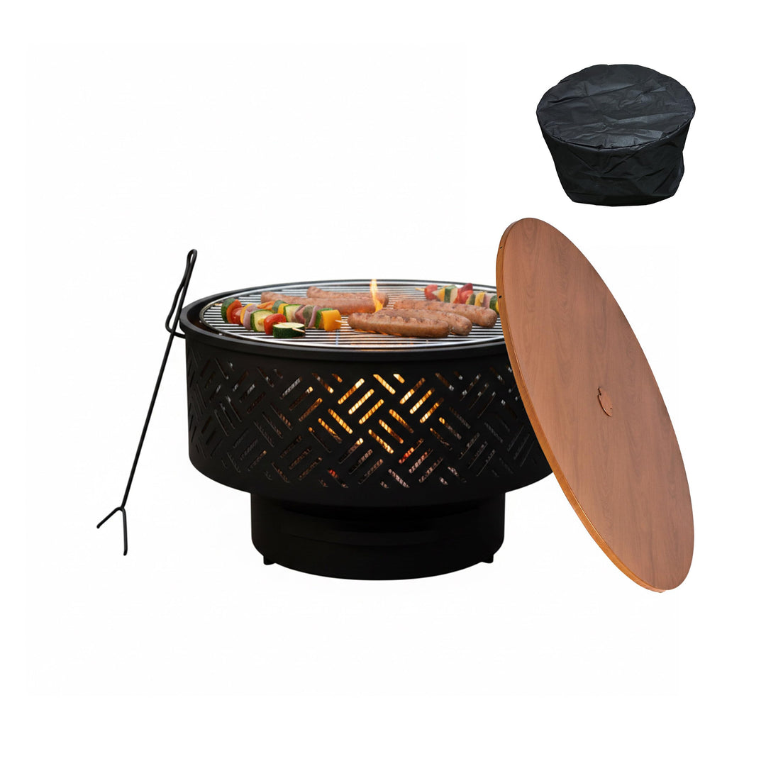 Relaxdays Feuerschale, Ø 66 cm, mit Grillrost, Deckel, Schürhaken &amp; wasserdichter Abdeckung, Feuerst