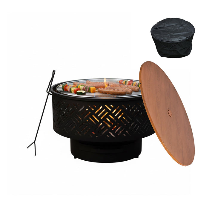 Relaxdays Feuerschale, Ø 66 cm, mit Grillrost, Deckel, Schürhaken &amp; wasserdichter Abdeckung, Feuerst