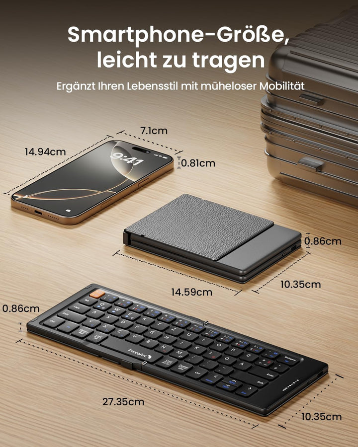 ProtoArc Faltbare Kompakte Tastatur QWERTZ, XK04 Tragbare Bluetooth-Tastatur mit PU-Lederhülle, Kabe