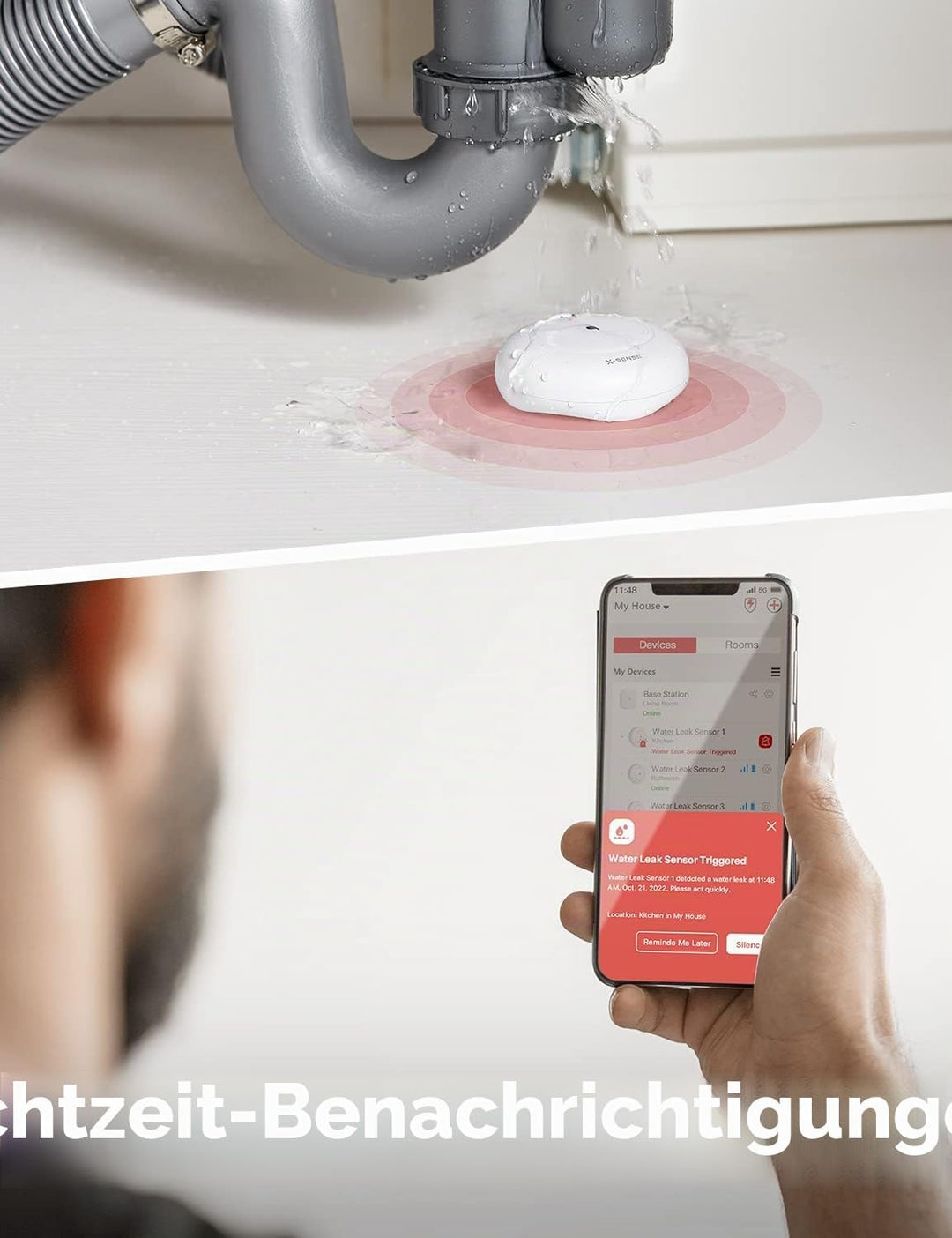 X-Sense Smart Wassermelder mit Batterie, WLAN Wassersensor &amp; Smartwares FGA-13041 Kohlenmonoxid-Meld