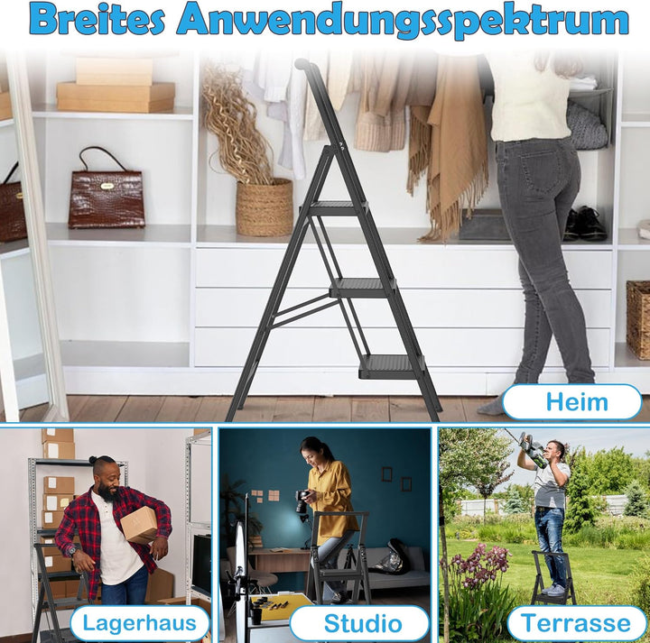 Aufun Trittleiter 3 Stufen, Klappleiter mit breitem Anti-Rutsch-Pedal, Mit Handlauf Haushaltsleiter