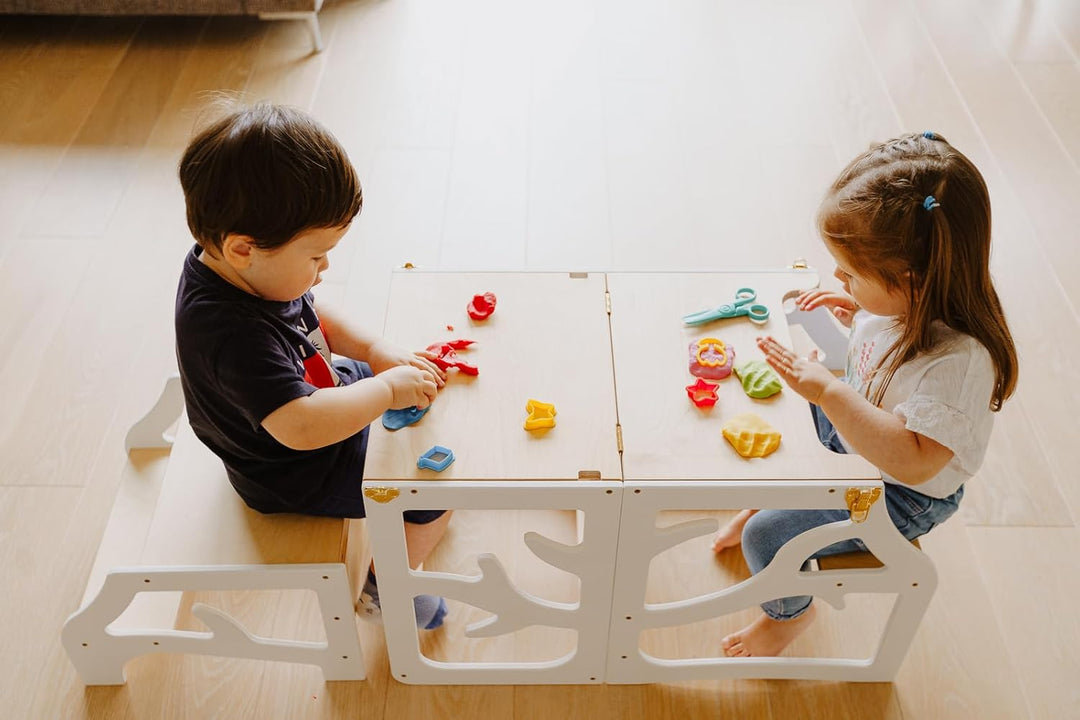 WECO Montessori Kinder Lernturm 3 in 1 Baum Design mit Rutsche und Tritthocker FSC Zertifikat Schrei