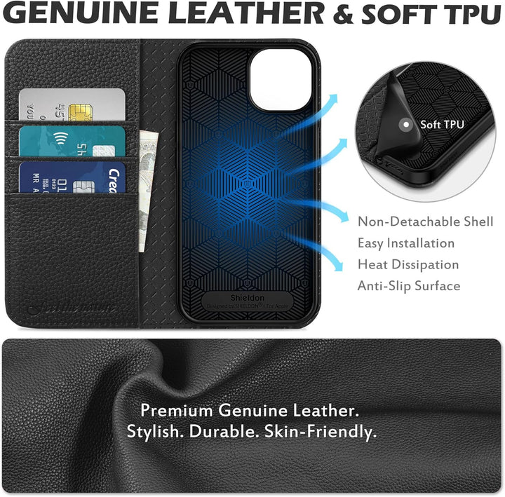 SHIELDON Hülle für iPhone 13 Handyhülle [Litschi Echtleder] [Verdicht TPU] [Kartenfach] [Magnet] [St