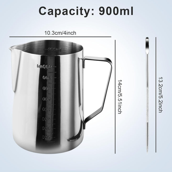 Milchkännchen, 900 ml, Edelstahl, Silber, Modern, Schablonierte Graduierung, Perfekt für Barista, Ca