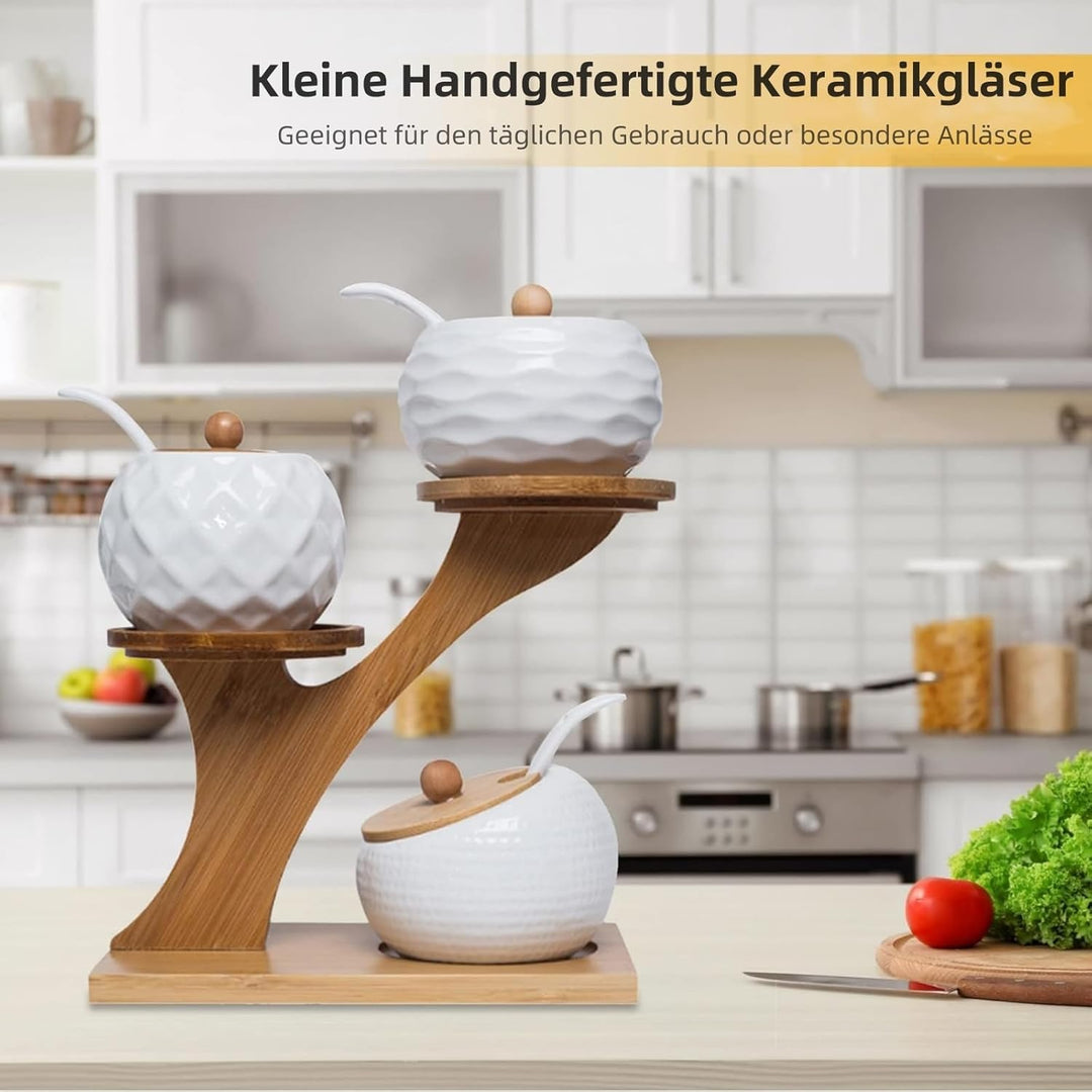 MIATTCLD Keramik Gewürzgläser 3er Set, Zuckerdose Gewürzdosenset mit Bambus Deckel, Löffel und Table