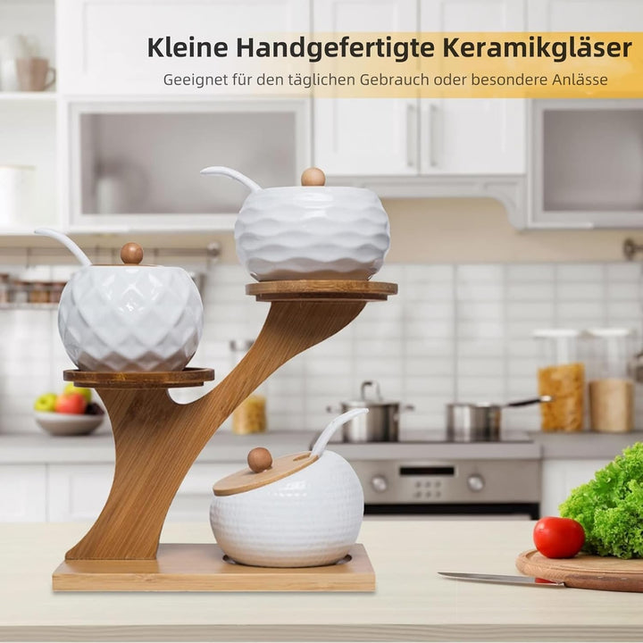 MIATTCLD Keramik Gewürzgläser 3er Set, Zuckerdose Gewürzdosenset mit Bambus Deckel, Löffel und Table