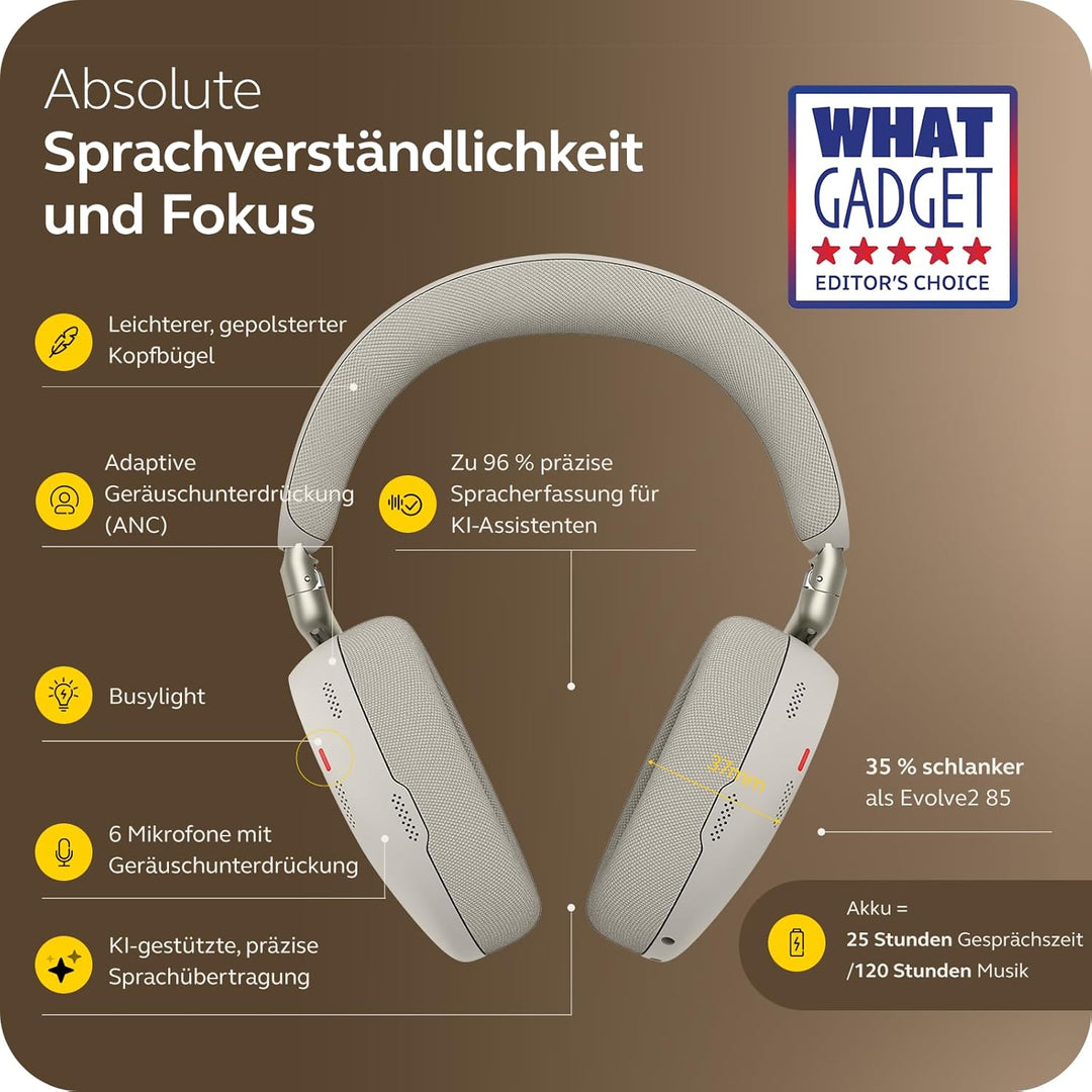 Jabra Evolve3 85 Over-Ear Bluetooth Headset kabellos mit Mikrofon für Büro, USB-C, KI-Sprachanruf, A