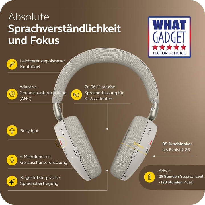 Jabra Evolve3 85 Over-Ear Bluetooth Headset kabellos mit Mikrofon für Büro, USB-C, KI-Sprachanruf, A