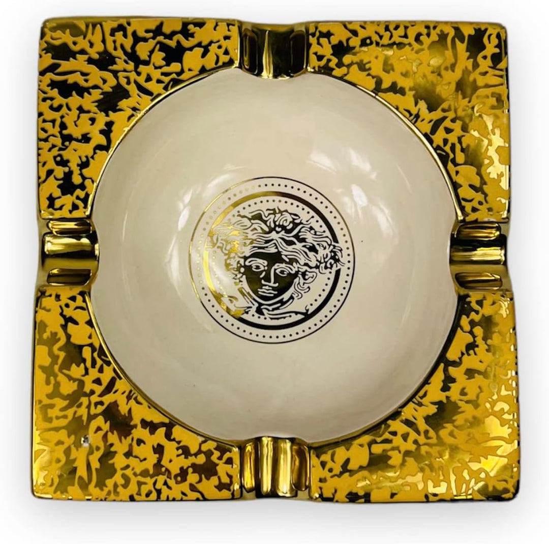 Luxus Porzellan-Aschenbecher, Mäander-Design, Weiss-Gold, Vintage-Stil
