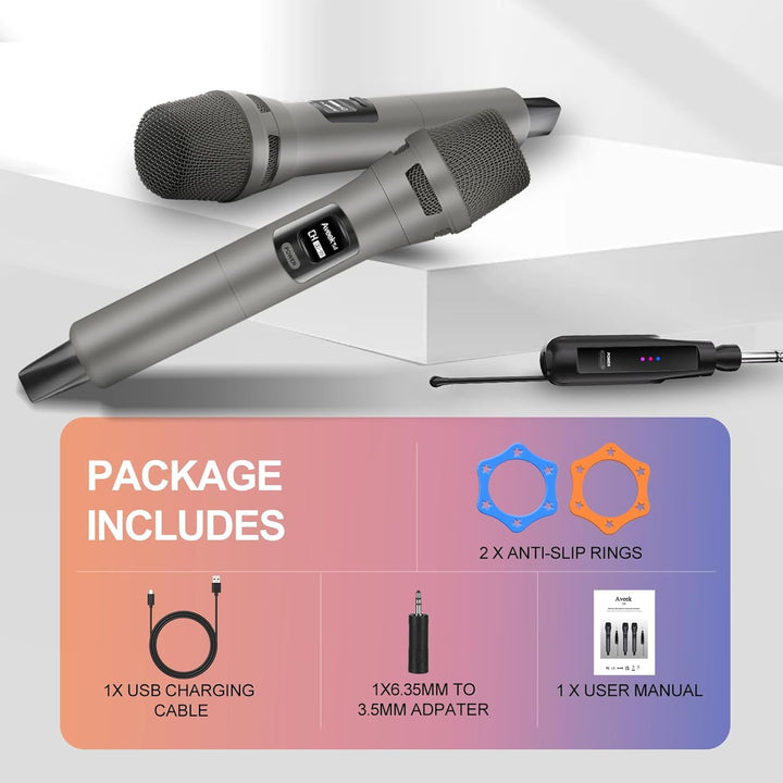 Aveek Kabelloses Karaoke Mikrofon Set, Professionelle Funkmikrofon Set 2.4G, Wiederaufladbar mit USB