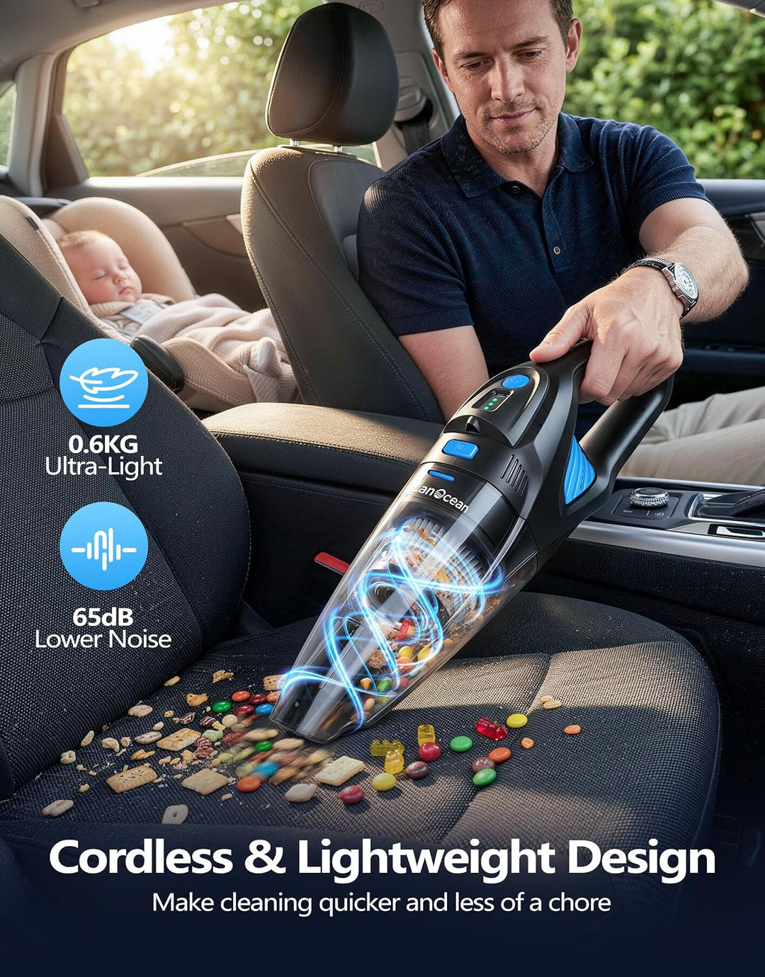 LanOcean Handstaubsauger Akku mit Ladestation, 25000Pa Kabelloser Handstaubsauger Auto mit LED Beleu
