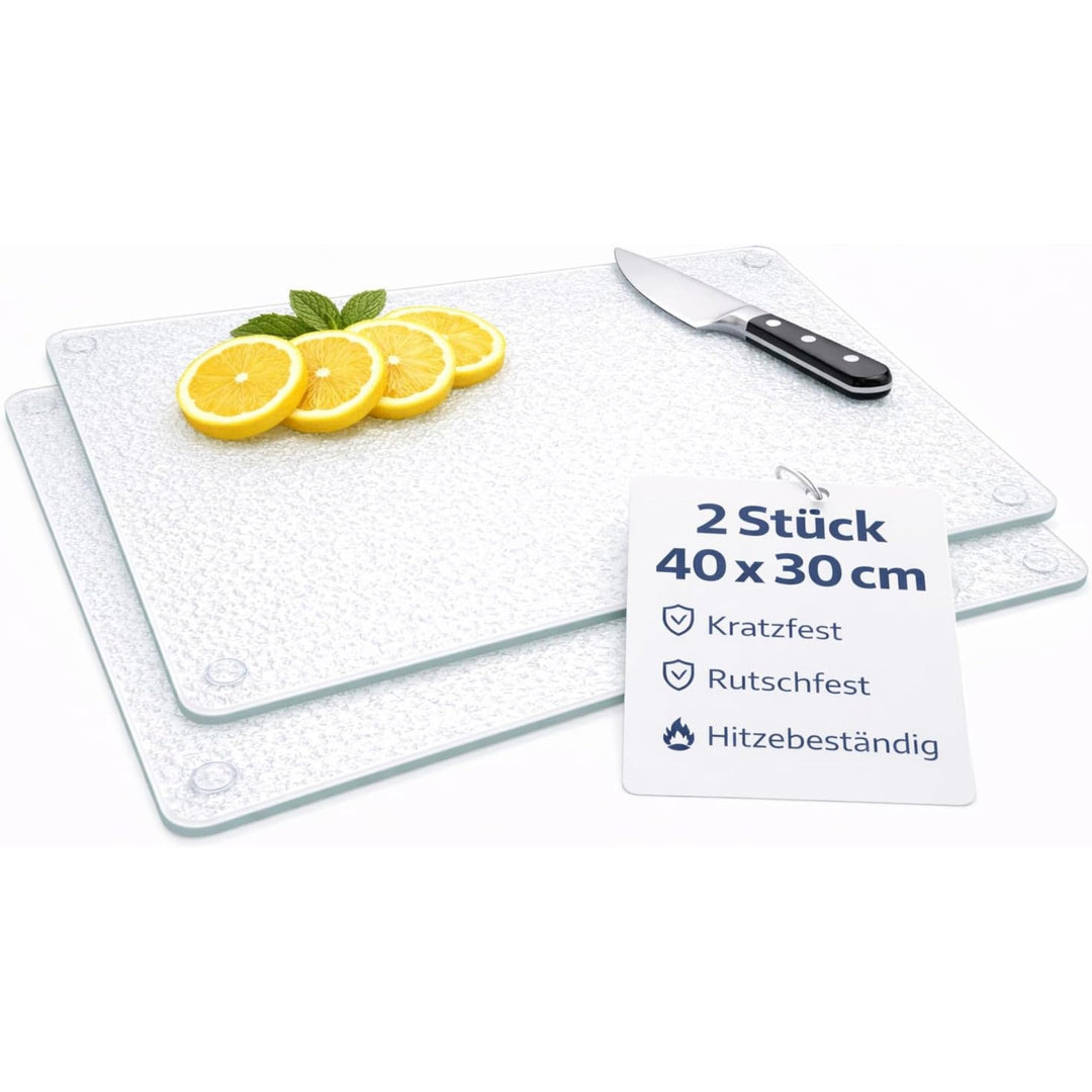 2-er Set Schneidebrett Glas 40x30, Rutschfest mit Füsse, Glasschneidebrett ohne Mikroplastik, hygien