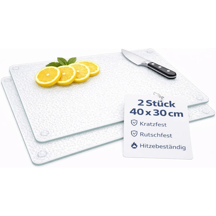 2-er Set Schneidebrett Glas 40x30, Rutschfest mit Füsse, Glasschneidebrett ohne Mikroplastik, hygien