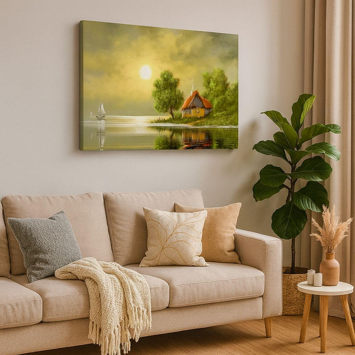 Bilder auf Leinwand 100x70cm Leinwandbild mit Rahmen Boot Wasser Hütte Gross Wanddeko Bild Schlafzim