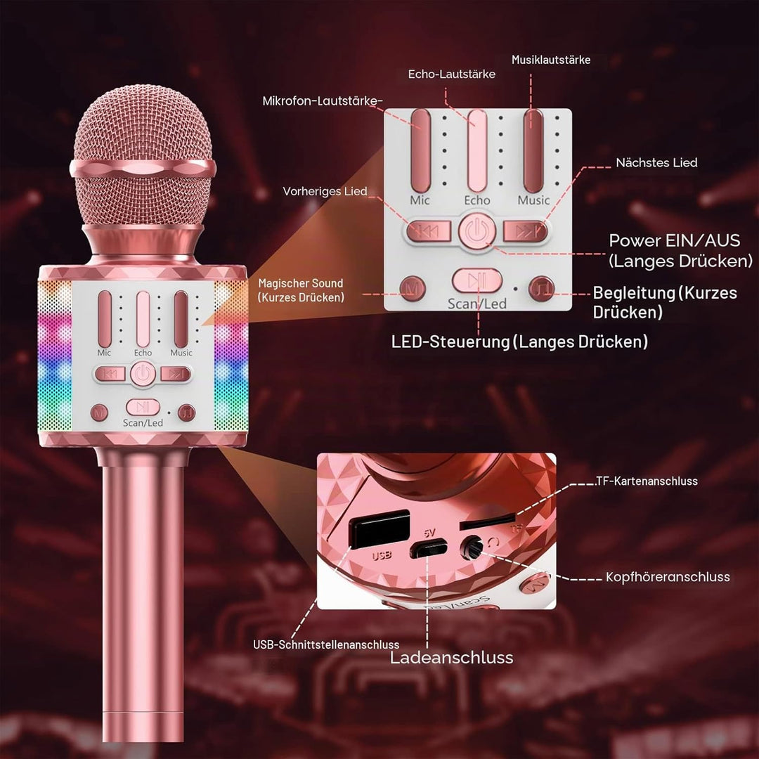 Karaoke Maschine Kinder mit 2 Mikrofon, Mini Karaoke Drahtlosen Mikrofon, Tragbares Bluetooth Lautsp