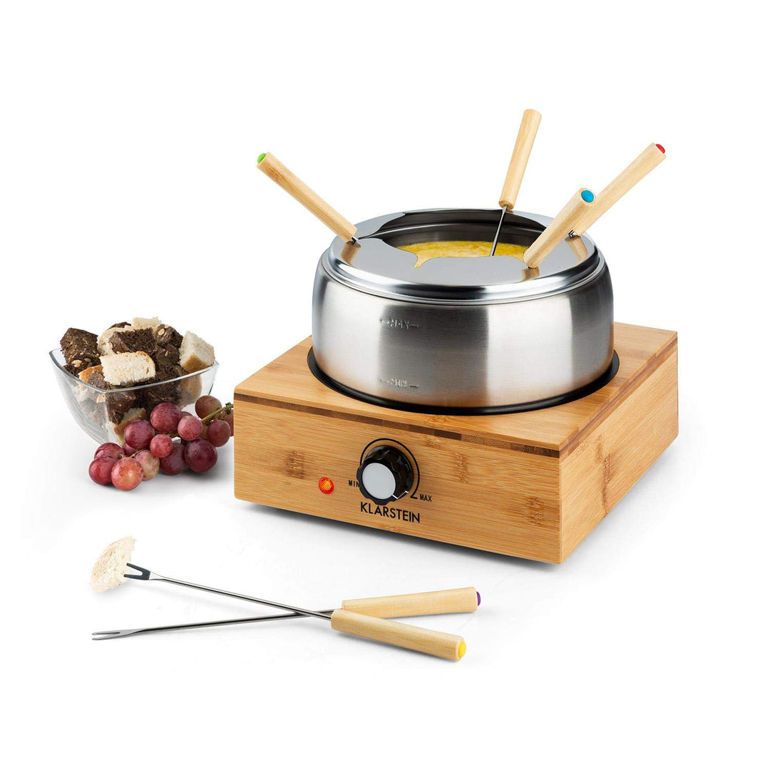 Klarstein Bambus Fondue, 800 Watt, Edelstahl-Topf, Gerätebasis aus Bambus, Füllmenge 1,3 Liter max.,