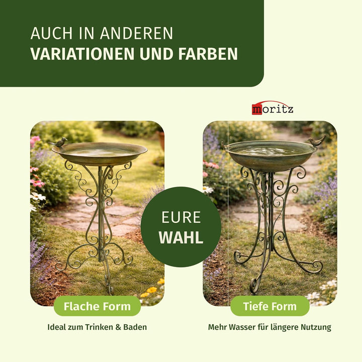 Moritz Vogeltränke Vogelbad grün mit kleinem Vogel auf der Wasserschale Höhe 73cm stehend Vogelbecke