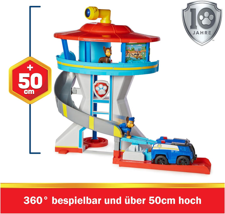 PAW Patrol, Lookout Tower, Hauptquartier Spielset mit 1 Chase Basis Fahrzeug, 2 Chase Figuren und Zu