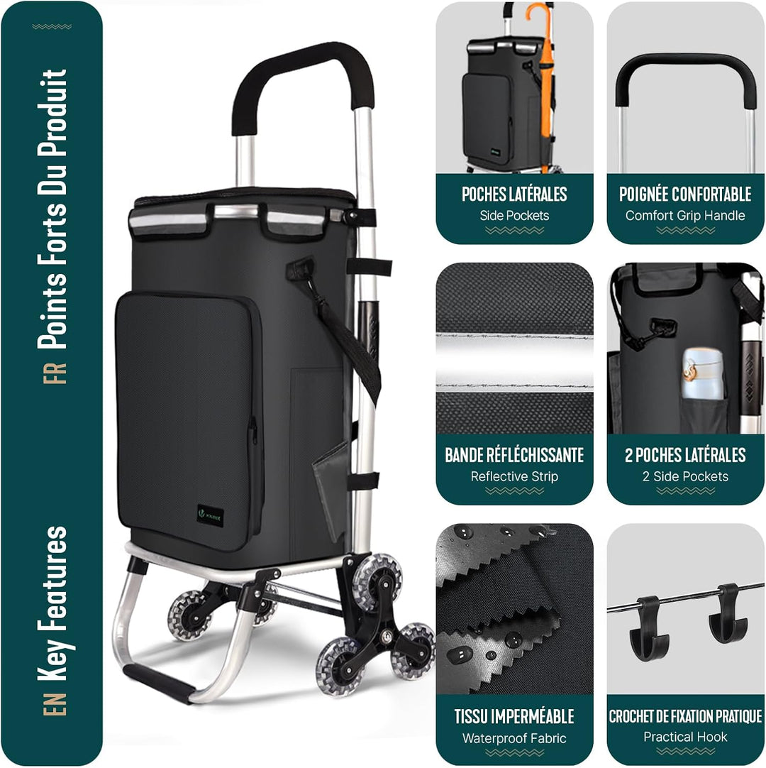 VOUNOT® Aluminium Einkaufstrolley Treppensteiger, 3 in 1 Trolly Einkaufswagen Klappbar, Hackenporsch