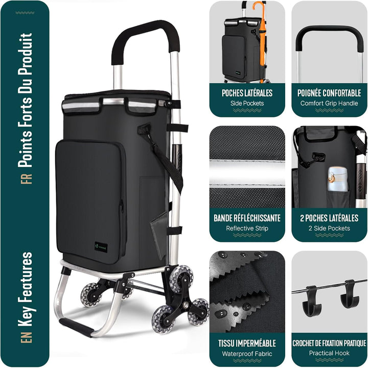 VOUNOT® Aluminium Einkaufstrolley Treppensteiger, 3 in 1 Trolly Einkaufswagen Klappbar, Hackenporsch