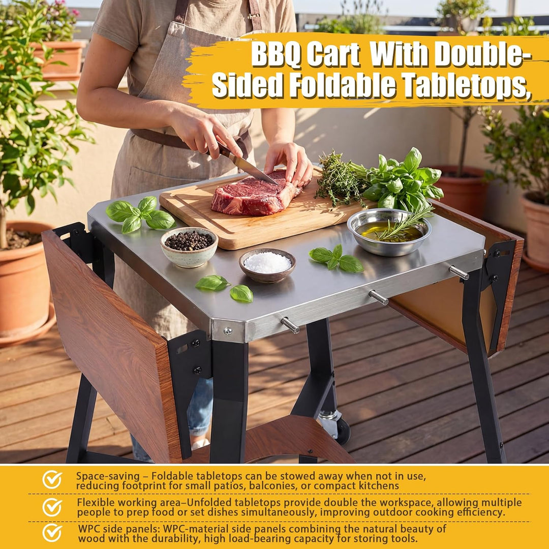 GFTIME Grillwagen mit Edelstahl-Arbeitsplatte, BBQ Wagen mit 2 klappbaren Seitenablagen, Gasflaschen