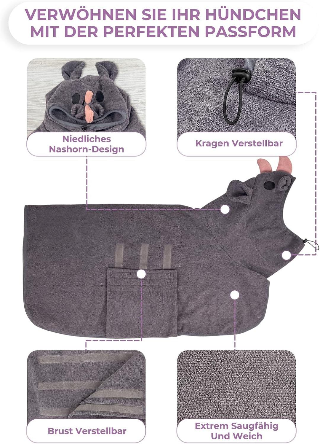 Bademantel für Hunde, Hundebademantel Aus Mikrofaser, Verstellbares Halsband Mit Klettverschluss Sch