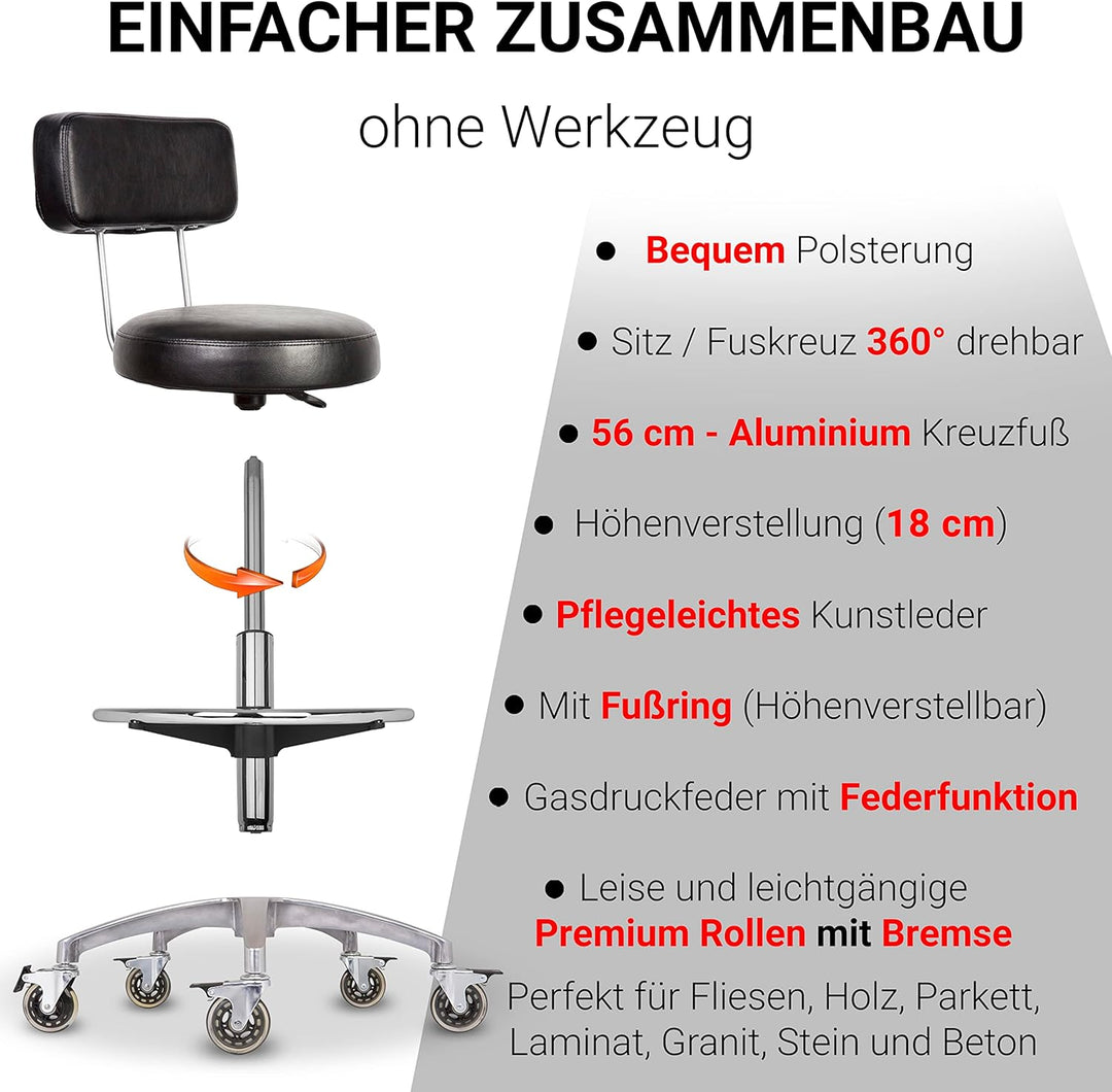 Staboos Rollhocker bis 160 kg - Premium Rundsitz mit Lehne und Fussstütze - Praxishocker (Premium Ro