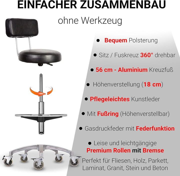 Staboos Rollhocker bis 160 kg - Premium Rundsitz mit Lehne und Fussstütze - Praxishocker (Premium Ro