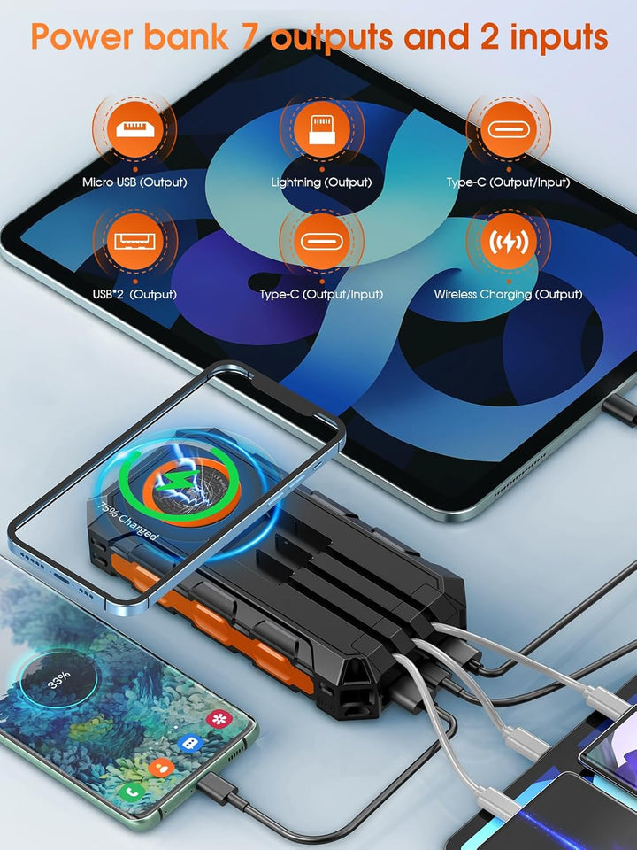 Solar Powerbank 52800mAh, 30W PD Power Bank Schnellladefunktion mit 3 Integrierten Kabel, 7 Ausgänge