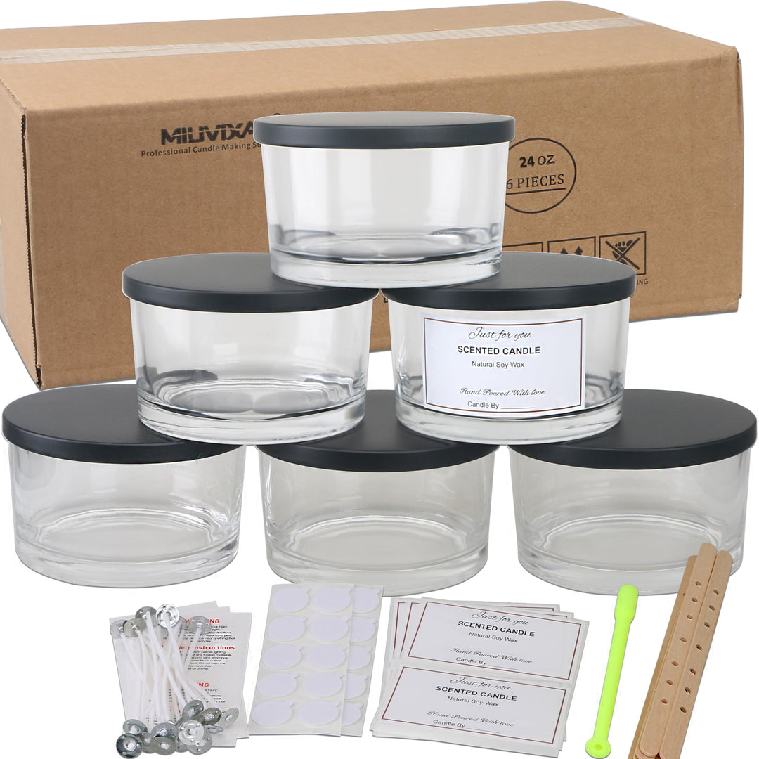 MILIVIXAY 6 x 680 ml Kerzengläser Mit Metalldeckel und Herstellungs-Kits - 3 Docht-Gläser, Leere Tra