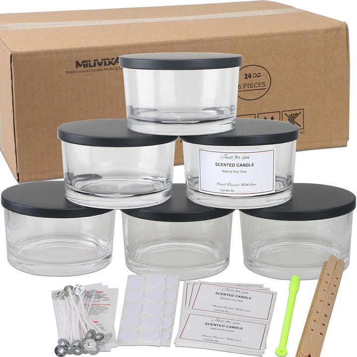 MILIVIXAY 6 x 680 ml Kerzengläser Mit Metalldeckel und Herstellungs-Kits - 3 Docht-Gläser, Leere Tra