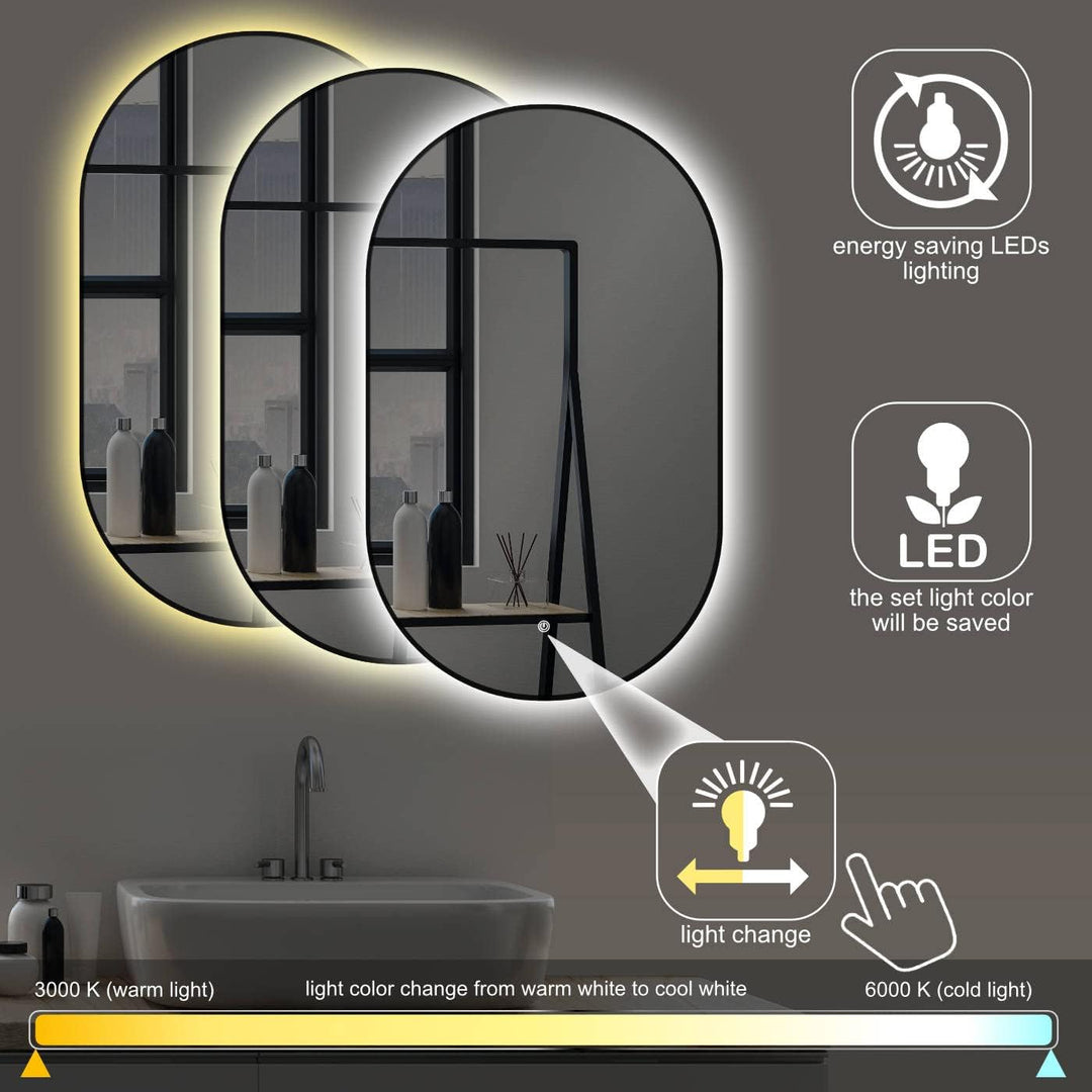 SOGOO® LED Wandspiegel oval 50 x 90 cm mit Schwarz Metall Rahmen, einfach Montage, Ovaler Badspiegel