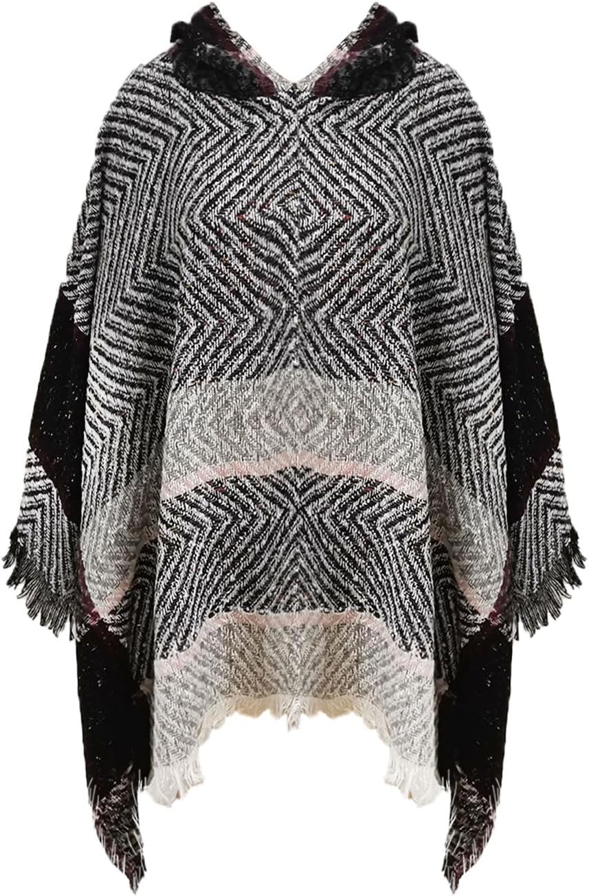 JFAN Knitted Ponchos With Fringes For Women Strick Ponchos Capes Hooded Scarf Warm Poncho Hellgrau,