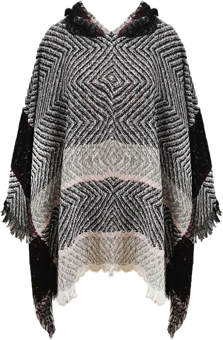 JFAN Knitted Ponchos With Fringes For Women Strick Ponchos Capes Hooded Scarf Warm Poncho Hellgrau,