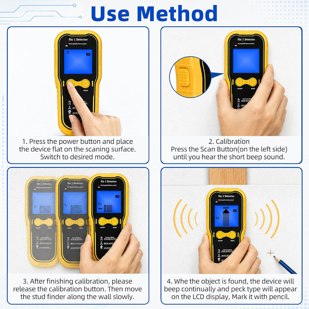Leitungssucher Ortungsgerät 5-in-1 Wandscanner Detektor mit 1200mAh Akku, Kabelloser Stud Finder für