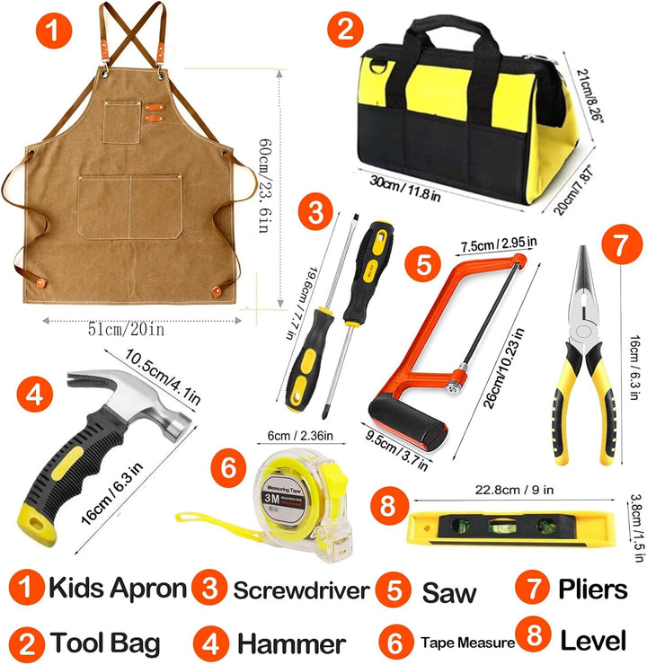 Kinder Werkzeugset, 38 Stück, mit Werkzeugtasche, Schürze, Säge, Lerngeschenk