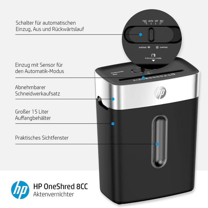HP OneShred 8CC Black, Aktenvernichter, Sicherheitsstufe P-4, Cross Cut, 8 Blatt, 2826, schwarz/Silb