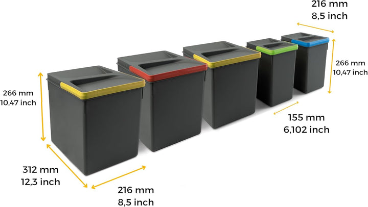Emuca - Küchenschubladenbehälter mit geruchsdichtem Deckel, H 266 mm (3 x 15 L + 2 x7 L), Kunststoff