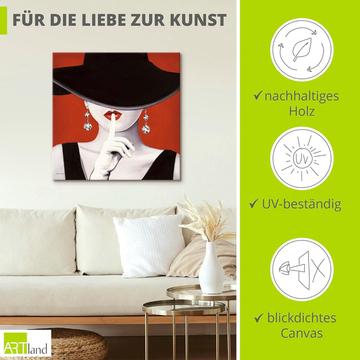 ARTland Leinwandbilder Wandbild Bild auf Leinwand 50x50 cm Wanddeko Frau Hut Stil Lippenstift Beauty