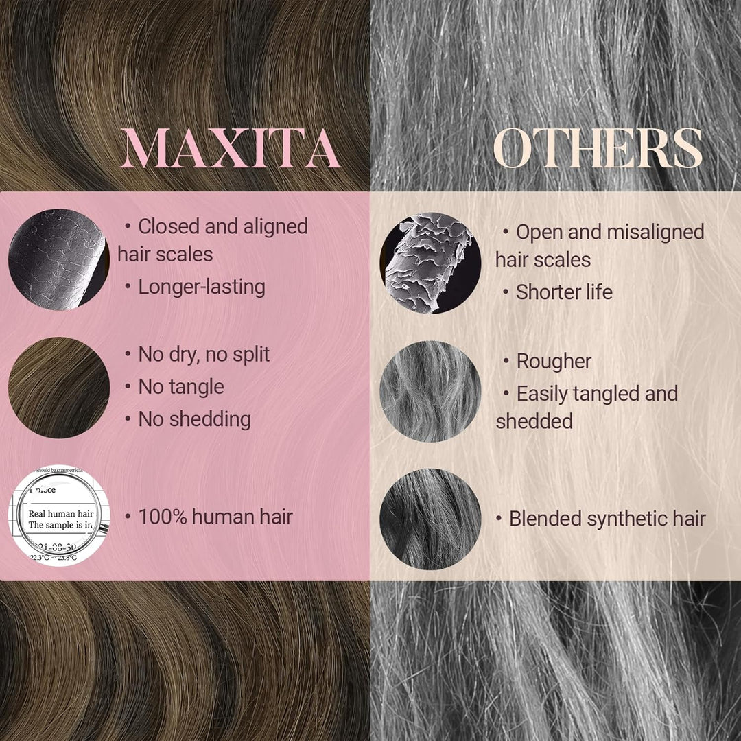 MAXITA Clip in Extensions Echthaar, 35cm 14 Zoll 120g 7 Stück Dunkelbraun Gemischt Kastanienbraun Ec