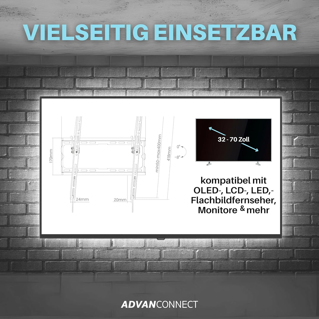 TV Wandhalterung, Fernsehhalterung max. VESA 400x400 mm, max 45kg, neigbare Universal Halterung für