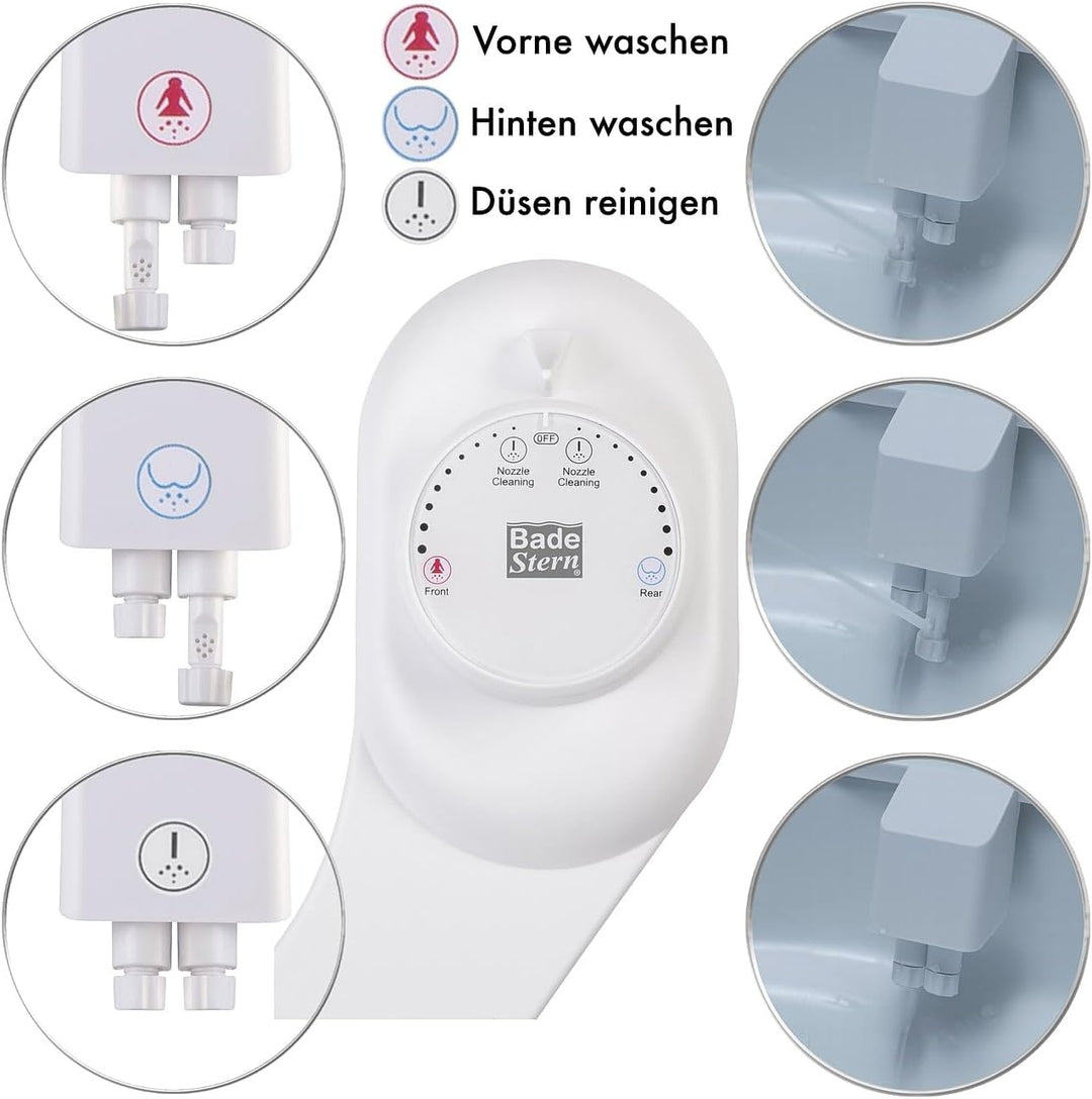 BadeStern Dusch WC Bidet Toilette: Bidet-Toilettenaufsatz mit 2 Düsen, Ausfahrautomatik, selbstreini