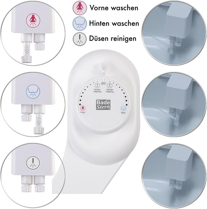 BadeStern Dusch WC Bidet Toilette: Bidet-Toilettenaufsatz mit 2 Düsen, Ausfahrautomatik, selbstreini