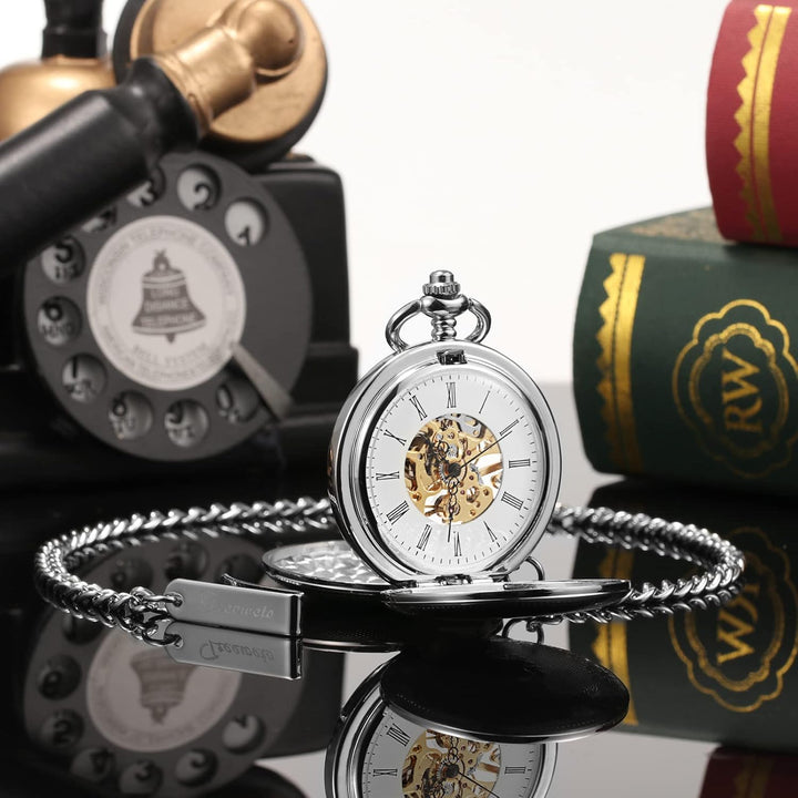 TREEWETO Herren-Taschenuhr mit doppeltem offenem Gehäuse, mechanischer Handaufzug, silberfarbene Tas