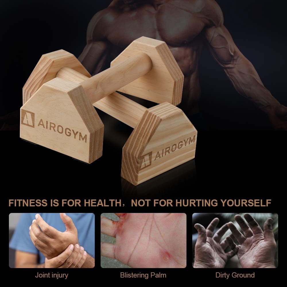 airogym Liegestütz-Ständer, 2 Stück, Holz-Pushup-Stangen, rutschfeste Basis, Trainingsgerät, 30,5 cm